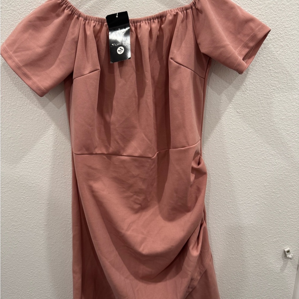 Mid-Length Slit Dress Summer Puff Sleeves Exposed Collarbone Pleated high Waist